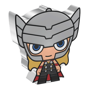 This electrifying 1oz pure silver Chibi® Coin has been coloured and shaped to resemble the God of Thunder, Thor with his winged helmet and red cape.  Some relief has been added to give a striking 3D effect - New Zealand Mint