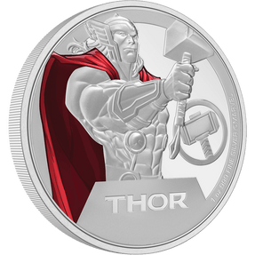 Marvel’s Thor tests his limits on this striking 1oz pure silver engraved coin shows the mighty God of Thunder holding his hammer, Mjolnir, with his emblem to the side. His cape is shown in eye-catching colour. Relief and texture have been added. - NZ Mint