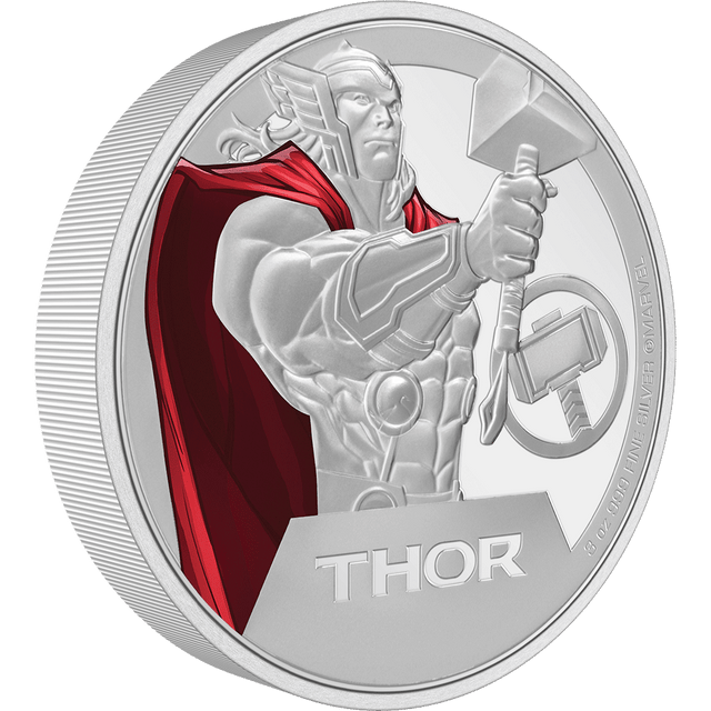 This engraved design shows Thor holding out his hammer, Mjolnir, with his emblem to the side. Relief and texture, using sandblasting, have been added. His cape is shown in vibrant colour, adding a wonderful contrast to the mirrored coin's background. - NZ Mint