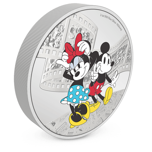 Disney Mickey & Friends – Mickey & Minnie 3oz Silver Coin with Milled Edge Finish.