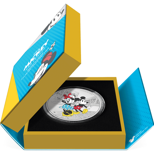 Disney Mickey & Friends – Mickey & Minnie 3oz Silver Coin Featuring Custom-designed Book-style Packaging with Coin Insert and Certificate of Authenticity Sticker.