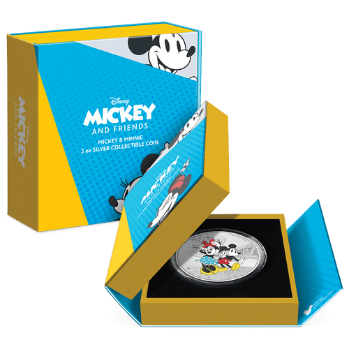 Disney Mickey & Friends – Mickey & Minnie 3oz Silver Coin Featuring with Custom Book-Style Packaging and Specifications. 