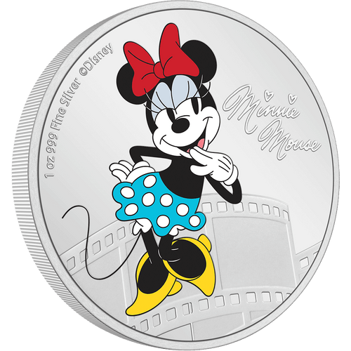 This 1oz pure silver coin features a mirror-finish background with Disney’s Minnie Mouse in colour, next to her engraved signature. She is shown striking a cute pose and wearing her classic bow, white gloves and polka dot skirt.