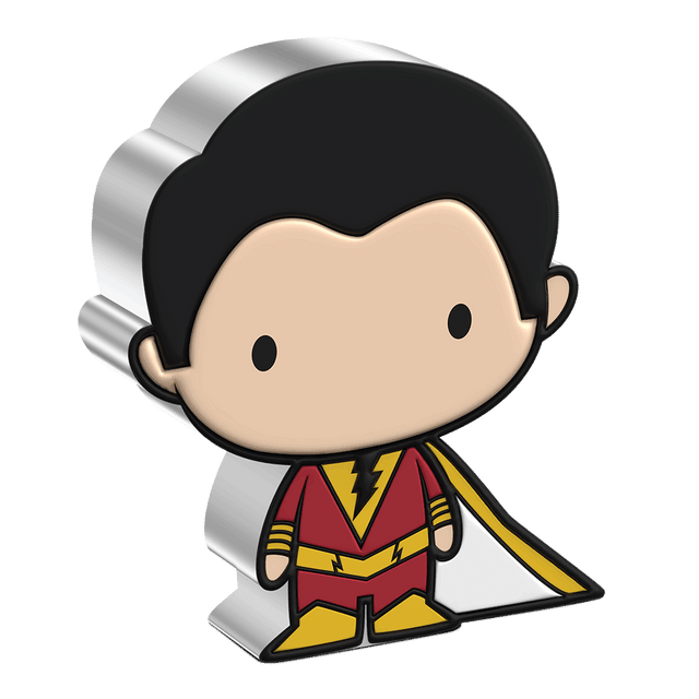 In celebration of the new DC film Shazam! Fury of the Gods, this 1oz pure silver Chibi® Coin has been coloured and shaped to resemble SHAZAM, wearing his red bodysuit with the lightning bold on his chest and cape flowing behind. - New Zealand Mint