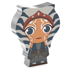 Part of our Star Wars: The Mandalorian™ Chibi® Coin series, this 1oz pure silver coin is fully coloured and shaped to depict the courageous Ahsoka Tano™. She is seen with her distinctive facial markings, headdress, and sporting a blue combat outfit. - New Zealand Mint.