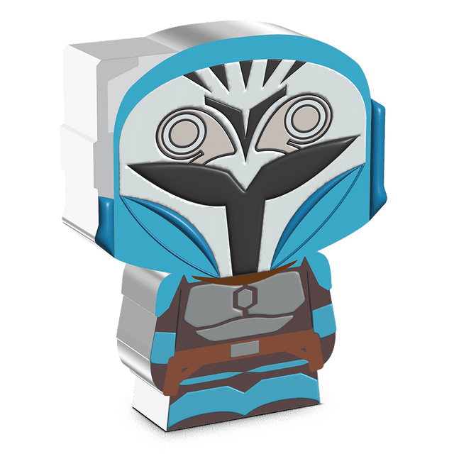 Made of 1oz pure silver, this Chibi® Coin is fully coloured and shaped to resemble the fierce and deadly warrior, Bo-Katan Kryze™. She is seen wearing her white and blue Mandalorian™ armour, which includes her Nite Owl helmet. - New Zealand Mint. 