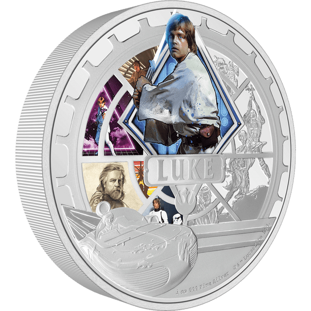 This 3oz pure silver coin features a collage of some iconic images of Luke Skywalker™, in both colour and detailed engraving, which stand out strikingly against the mirror background. His name and the Alliance crest are also featured. - New Zealand Mint.