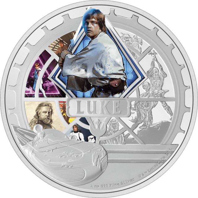 Star Wars™ Luke Skywalker 3oz Silver Coin Flat View.