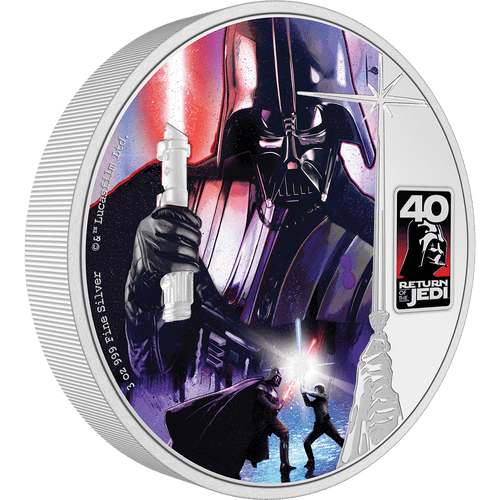 Made of 3oz pure silver and an impressive 55mm in diameter, this round coin features striking imagery of Darth Vader™, including the pivotal scene from the film where he duels with Luke Skywalker™. The anniversary logo is also featured. - New Zealand Mint
