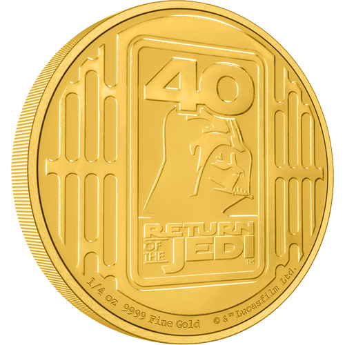 Commemorate 40 years of the incredible film Star Wars: Return of the Jedi™ with a ¼oz gold coin! This coin has been exquisitely engraved to highlight the anniversary logo. Some relief and texture, using sandblasting, further enhance the design. - New Zealand Mint