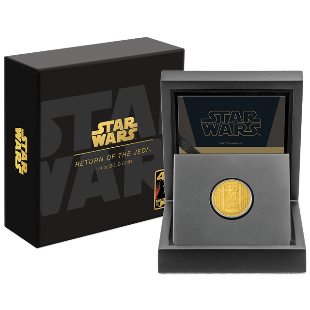 Star Wars™ Return of the Jedi 40th Anniversary 1/4oz Gold Coin With Custom Wooden Display Box and Outer Box Featuring brand imagery.