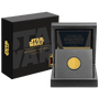 Star Wars™ Return of the Jedi 40th Anniversary 1/4oz Gold Coin With Custom Wooden Display Box and Outer Box Featuring brand imagery.