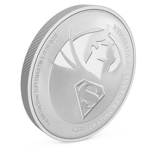 SUPERMAN™ 85th Anniversary 1oz Silver Coin with Milled Edge Finish.