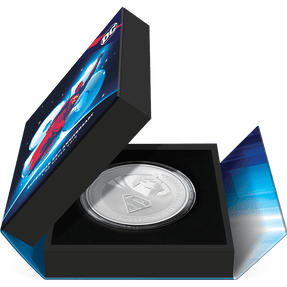 SUPERMAN™ 85th Anniversary 1oz Silver Coin Featuring  Book-style Packaging with Coin Insert and Certificate of Authenticity Sticker.
