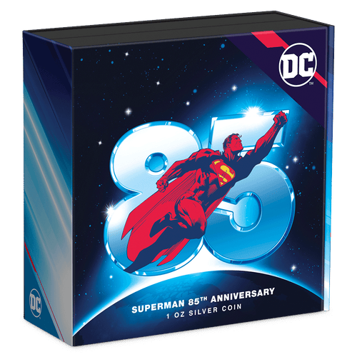 SUPERMAN™ 85th Anniversary 1oz Silver Coin Featuring Custom Book-style Display Box With Brand Imagery.