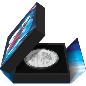 SUPERMAN™ 85th Anniversary 3oz Silver Coin Featuring  Book-style Packaging with Coin Insert and Certificate of Authenticity Sticker.