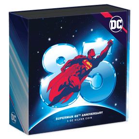 SUPERMAN™ 85th Anniversary 3oz Silver Coin Featuring Custom Book-style Display Box With Brand Imagery.
