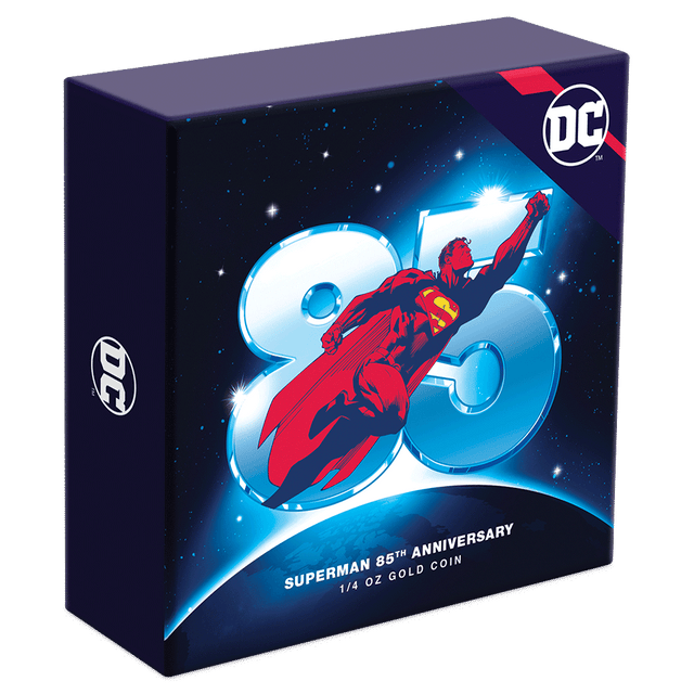 SUPERMAN™ 85th Anniversary 1/4oz Gold Coin Featuring Custom-Designed Outer Box With Brand Imagery.