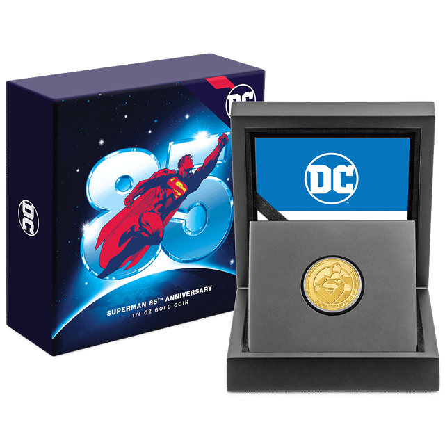 SUPERMAN™ 85th Anniversary 1/4oz Gold Coin with Custom-Designed Wooden Box with Certificate Holder and Viewing Insert. 