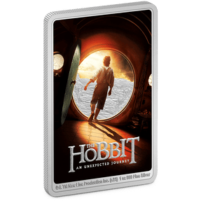 This rectangular coin features the theatrical poster for the first film in the brilliant fantasy trilogy, An Unexpected Journey. Made of 1oz pure silver, the design is mostly in colour but for contrast, the film’s logo is frosted. - New Zealand Mint.