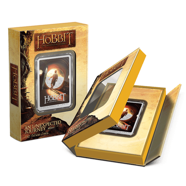 THE HOBBIT™ - An Unexpected Journey Poster Coin 1oz Silver Coin Featuring Custom Book-style Packaging with Display Window and Certificate of Authenticity Sticker.