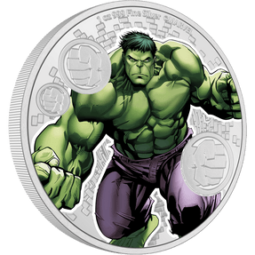 Depicted in his respective green colour to add a sense of realism., the green rampage machine, Hulk smashes onto this 1oz pure silver coin. To further enhance the design, some frosted motifs and a mirror finish have been applied. | NZ Mint