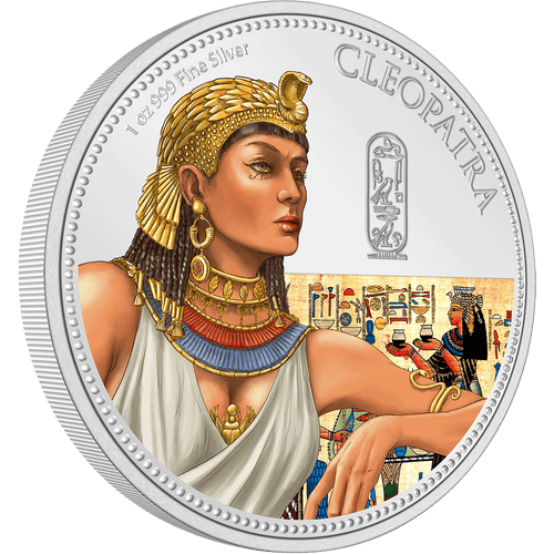 Introducing the captivating Cleopatra coin. It is struck from 1oz pure silver and has a limited issue of 2,000. The design features the legendary Egyptian queen in her iconic headdress, jewellery, and attire, capturing her timeless allure. - NZ Mint