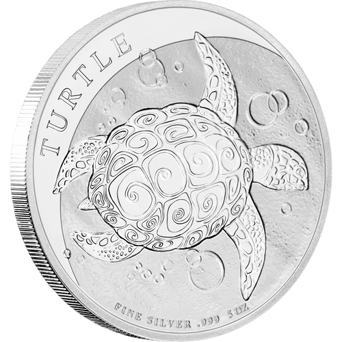 5oz Silver Bullion Coin Turtle Niue. This 5oz Silver Turtle Bullion Coin - Niue features a Hawksbill or Taku Turtle, with a stylized shell pattern swimming through the waters of the Pacific Ocean. The obverse of the coin features the Jody Clark effigy of His Majesty King Charles III.